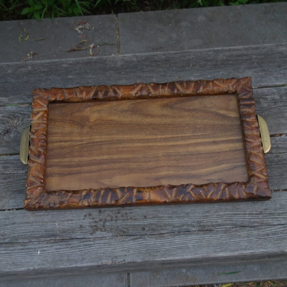 Nice Wood Serving Tray with Metal Handles and Carved Border